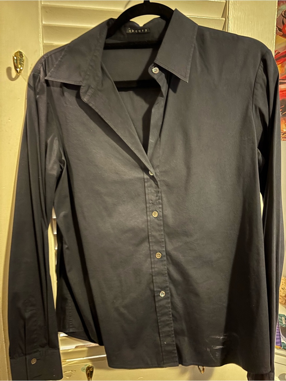 Theory women’s navy button down Dress Shirt with Spread Collar